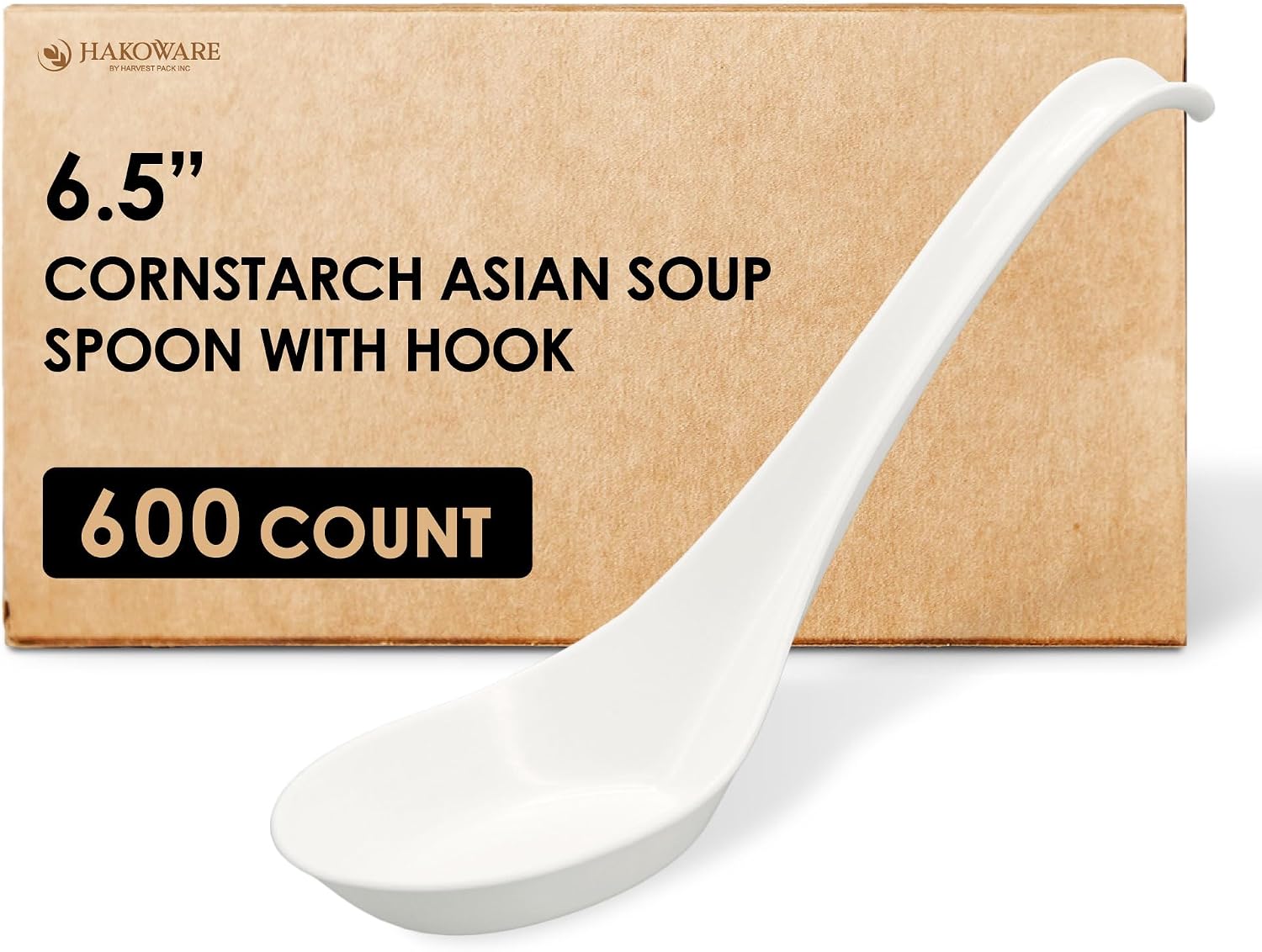 Disposable PLA Cornstarch Asian Soup Spoons with Hook Plastic-Free, 600 PK | Anti-Slip Hook Design,Eco-friendly,Heavy Duty,Crystalized,Take-out,Ramen,Pho,Noodles,Hot Soup,Hakoware,Chinese,Wonton,Cutlery
