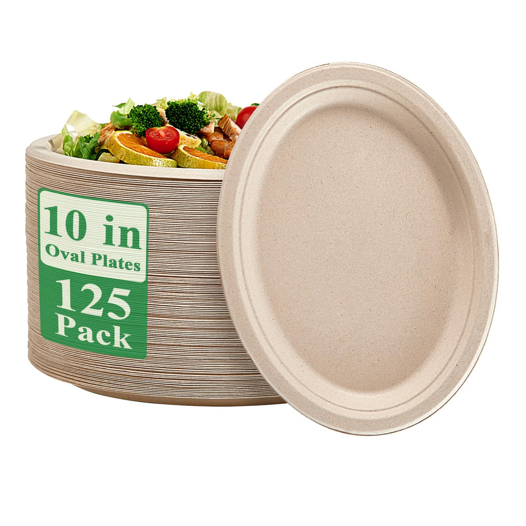 Vplus 100% Compostable Oval Paper Plates 12 inch 120 Pack, Nature | Super Strong, Disposable Paper Plates, Bagasse Natural Biodegradable, Sugarcane for BBQ, Party, Dinner, and Picnic