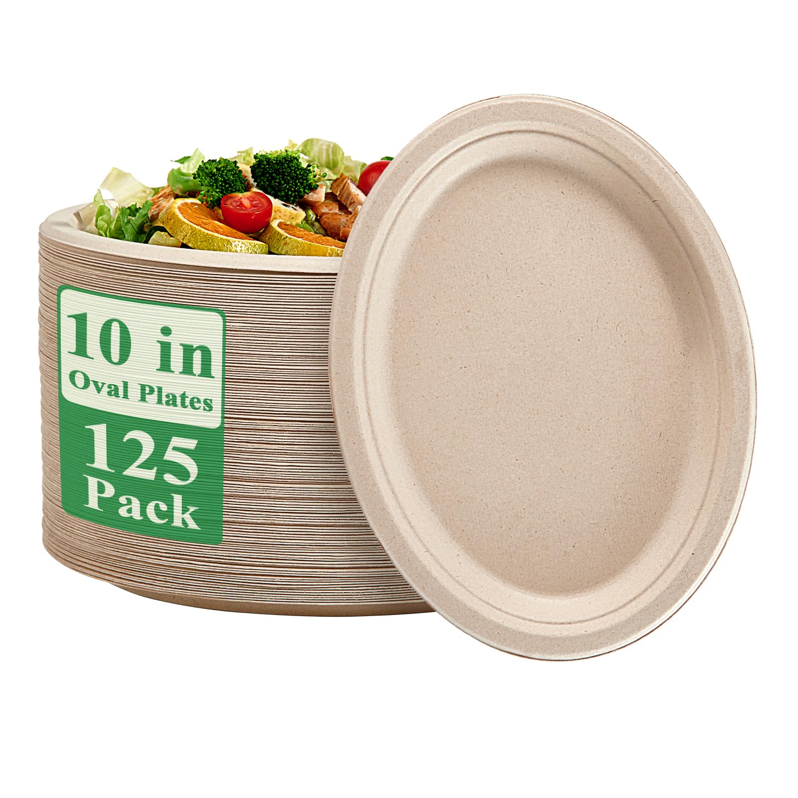 Vplus 100% Compostable Oval Paper Plates 12 inch 120 Pack, Nature | Super Strong, Disposable Paper Plates, Bagasse Natural Biodegradable, Sugarcane for BBQ, Party, Dinner, and Picnic