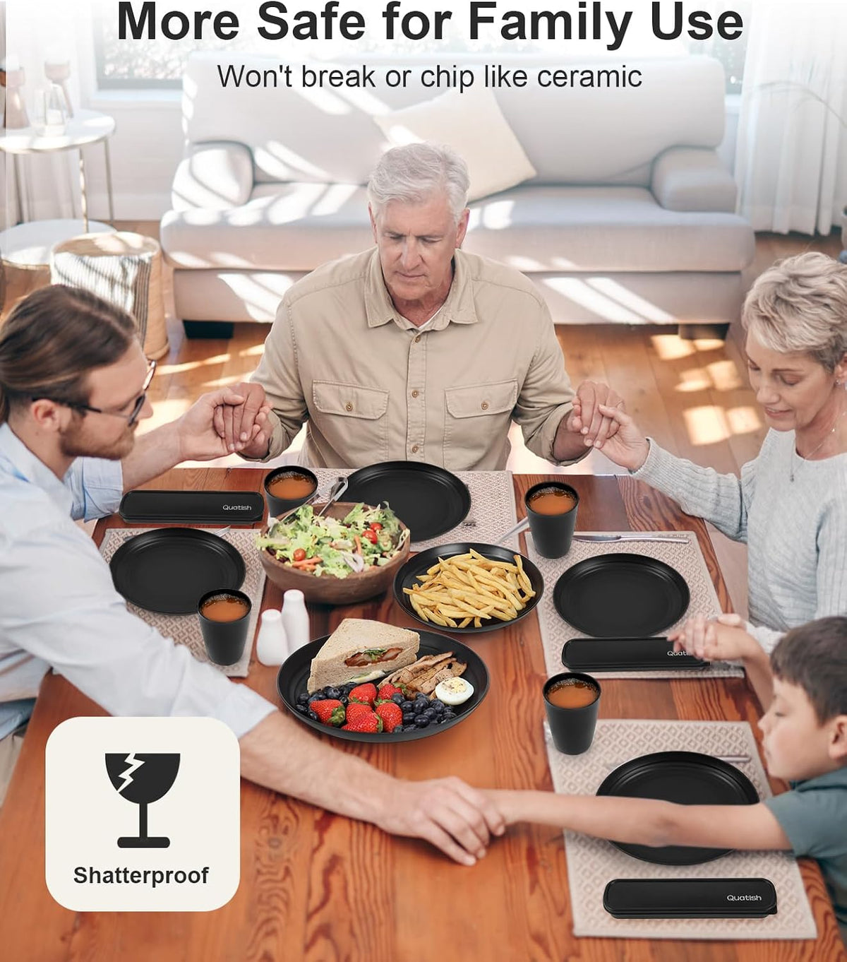 Quatish 24 Piece Plates and Bowls Sets for 6, Unbreakable Dinnerware Sets, Dish Set for Camping, Dishwasher Microwave Safe, Outdoor Kitchen and Apartment Dorm Dinning RV Essentials, Black