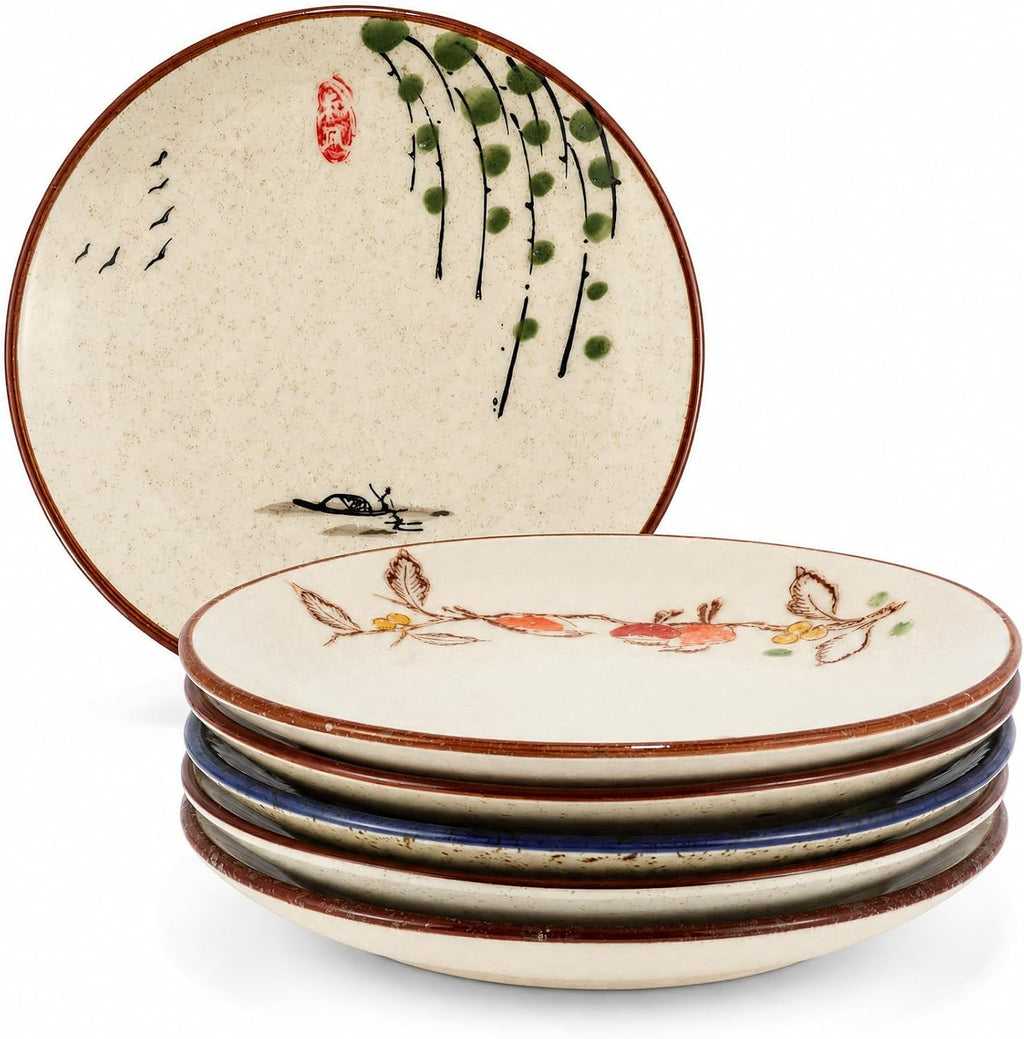 6 Inch Japanese Retro Dinner Plates Set of 6 | Ceramic Hand-painted Serving Bowsl Set for Serve Dishes, Pasta, Salads, Snacks, Sushi, Dishwasher Microwave Safe