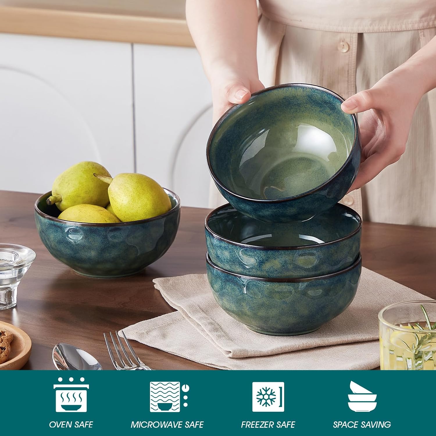 vancasso Starry 24oz Bowls for Soup, Ceramic Green bowls Set of 4 | Deep Bowls for Cereal, Salad and Oatmeal, Dishwasher & Microwave Oven Safe