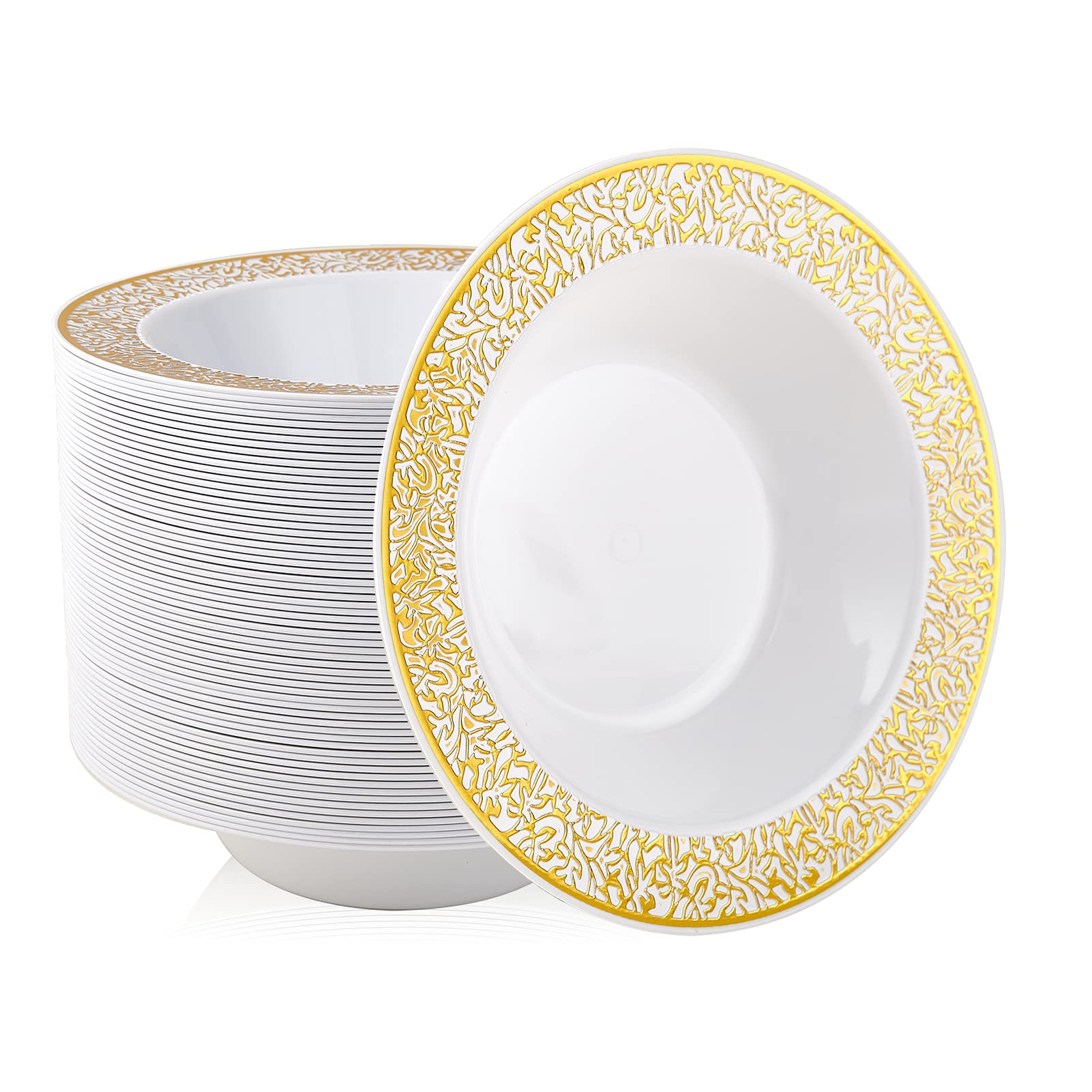 100PCS Plastic Bowls with Gold Rim 12oz Disposable Soup Bowls | Plastic Bowls for Christmas Thanksgiving Premium Dessert Salad Bowls for Wedding/Party/Halloween