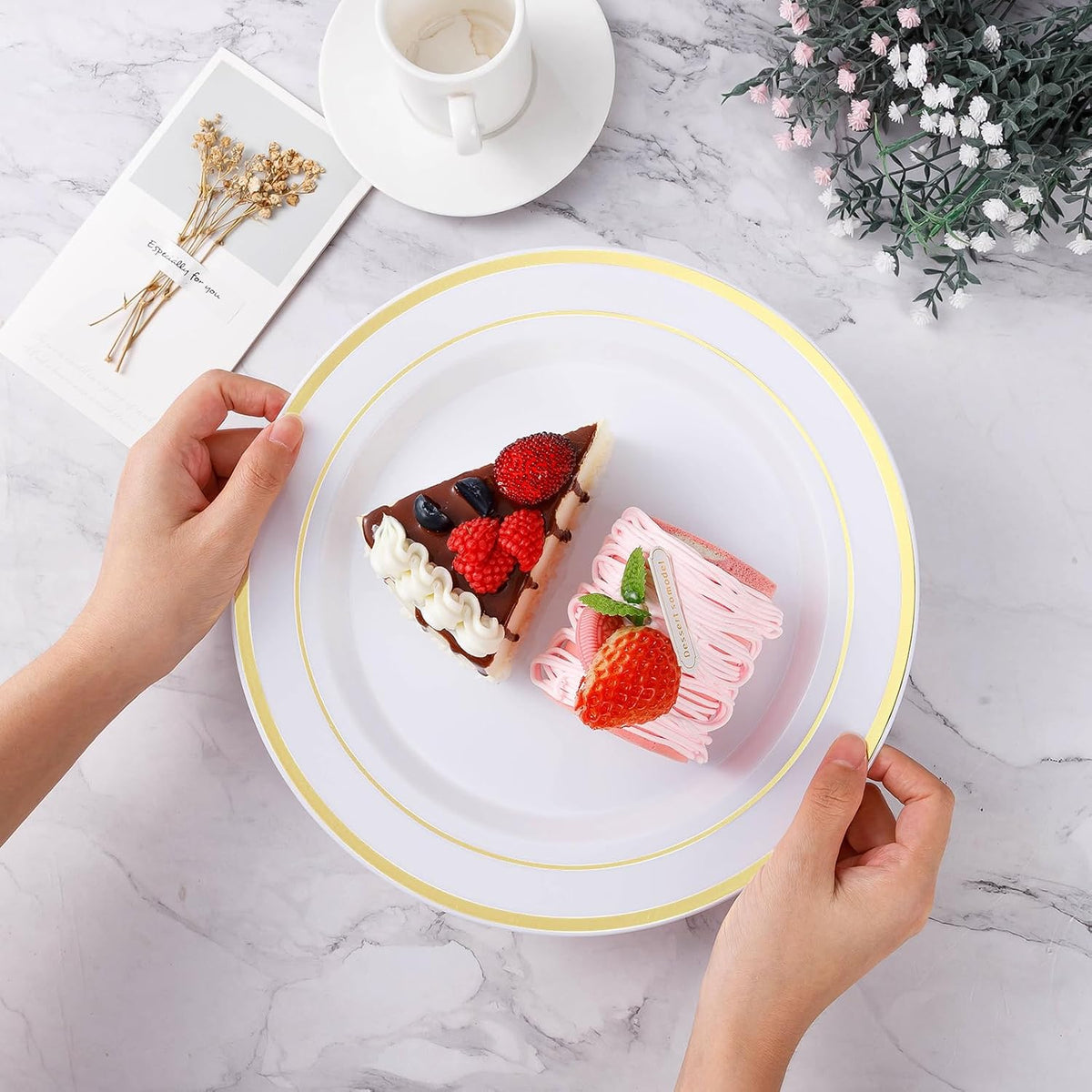 BESTVIP 100Pcs Gold Plastic Plates, 10.25 Inch Disposable Dinner Plates | Heavy Duty Dinner Dish with Rim for Christmas, Thanksgiving, Wedding, Birthday & Special Events