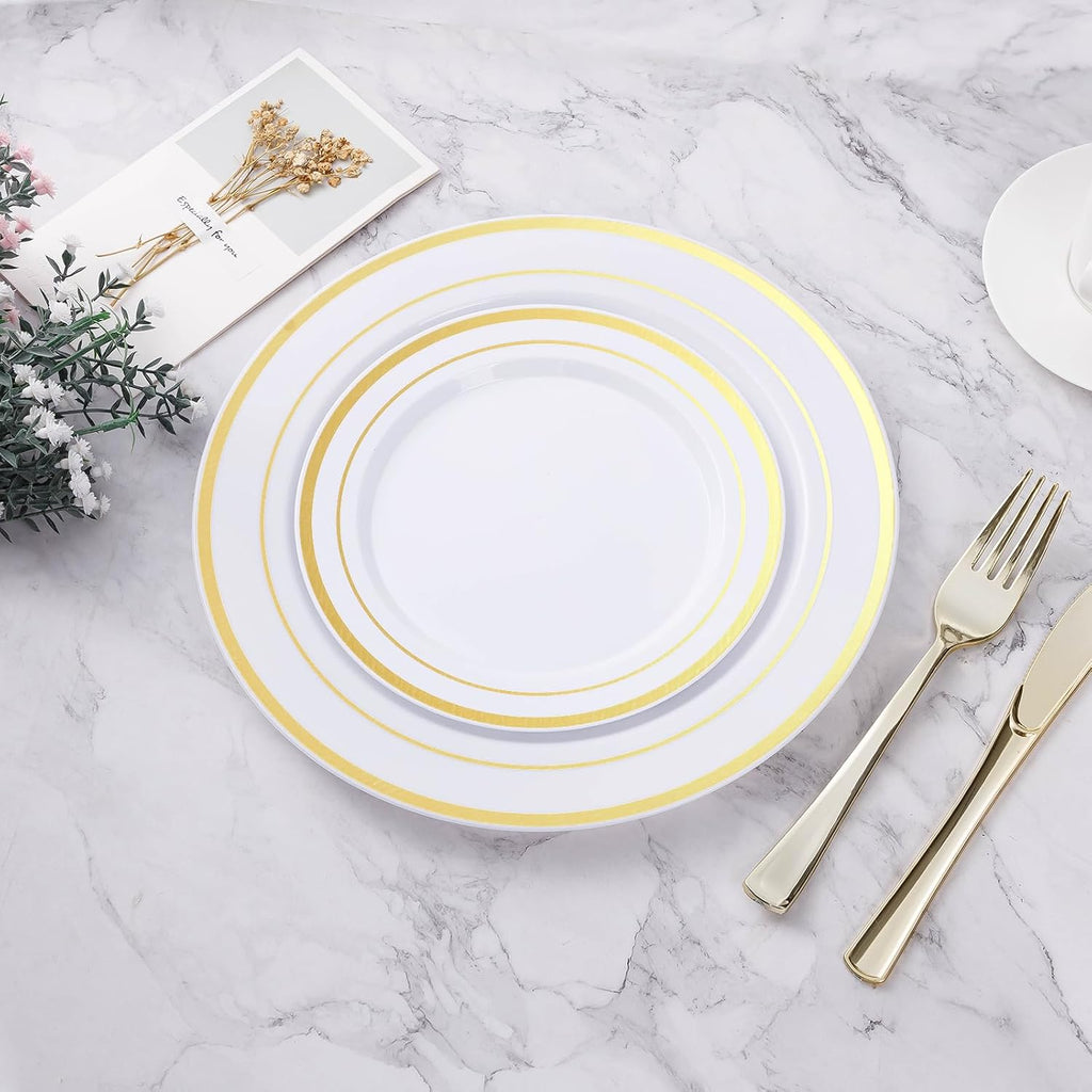 BESTVIP 100Pcs Gold Plastic Plates, 10.25 Inch Disposable Dinner Plates | Heavy Duty Dinner Dish with Rim for Christmas, Thanksgiving, Wedding, Birthday & Special Events