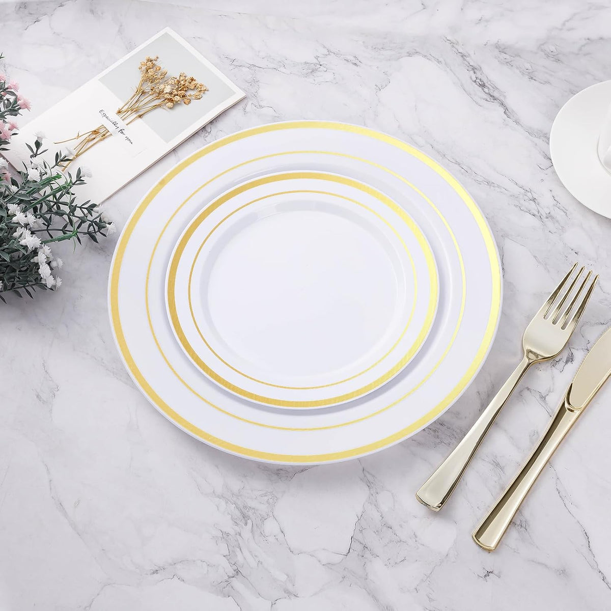 BESTVIP 100Pcs Gold Plastic Plates, 10.25 Inch Disposable Dinner Plates | Heavy Duty Dinner Dish with Rim for Christmas, Thanksgiving, Wedding, Birthday & Special Events