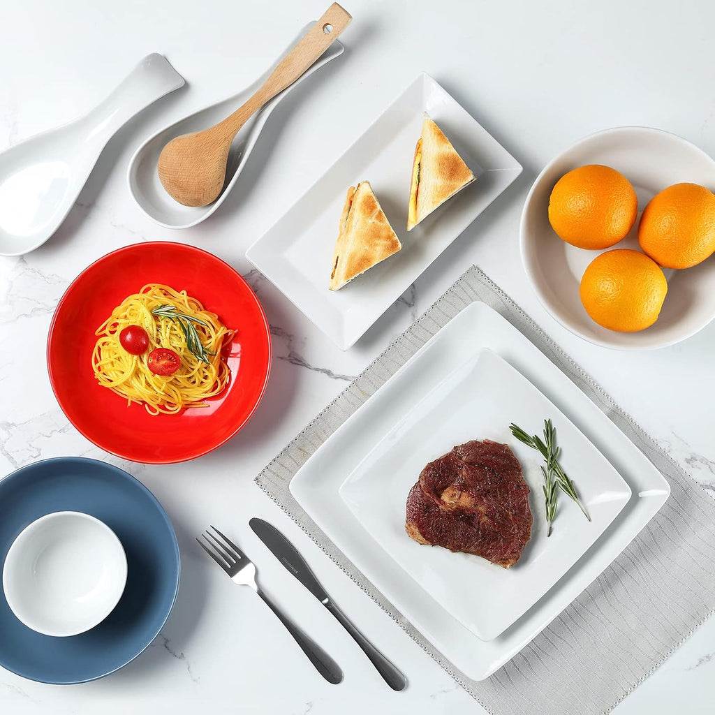 Porcelain Square Dinner Plates, 10.75 Inch Square Serving Plate for Steak, Pasta, Salad, Snacks, Pizza, Appetizer Plates, Set of 6, White | Ceramic Tableware, Raised Rim, Microwave & Dishwasher Safe, Stackable, for Steak, Pasta, Pizza, Everyday Dining, Ea