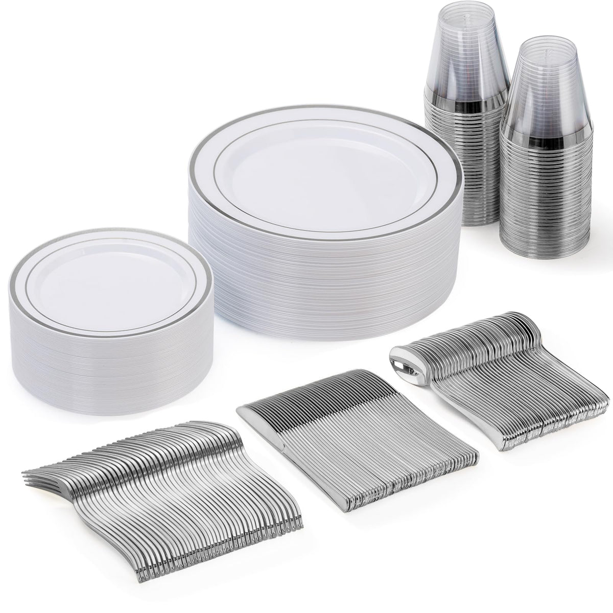 600 Pieces Gold Disposable Plastic Plates for 100 Guests | Include: Dinnerware Set of 100 Dinner and 100 Dessert Plates, 100 Spoons, 100 Forks, 100 Knives, 100 Cups Plates for Party