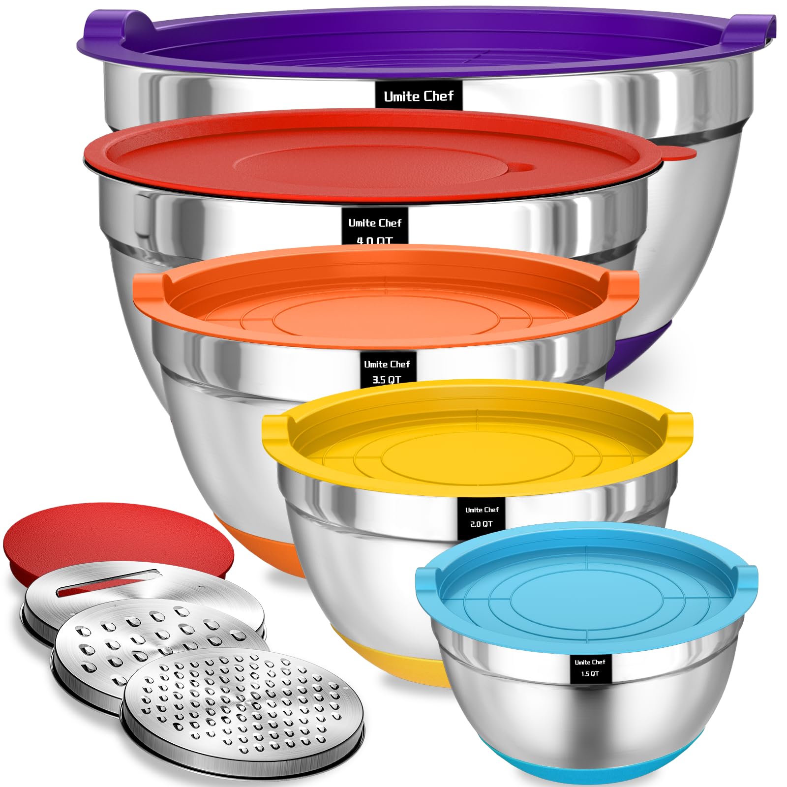 Umite Chef Mixing Bowls with Airtight Lids Set, 8PCS Stainless Steel Nesting Bowls Set, 3 Grater Attachments & Non-Slip Bottoms, Size 5, 4, 3.5, 2, 1.5QT for Baking & Mixing(Black)