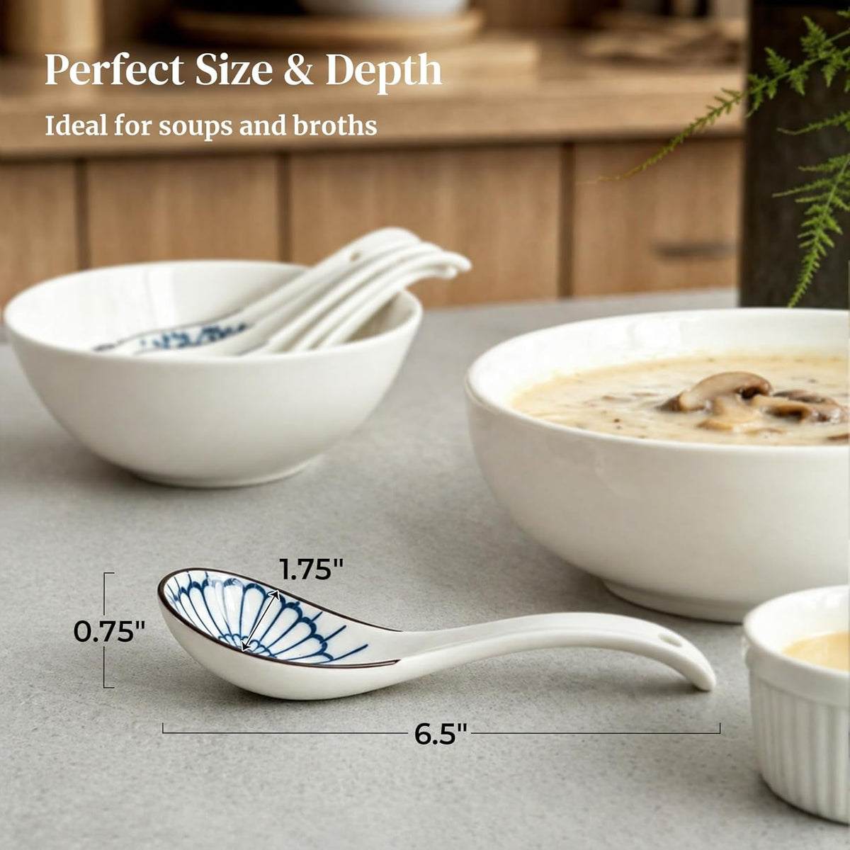 DOWAN Soup Spoons, Asian Ceramic Soup Spoon, with Long Handle Easy to Hold, Non-slip Bottom, Japanese Spoon for Ramen Pho Wonton Dumpling Miso, Set of 4