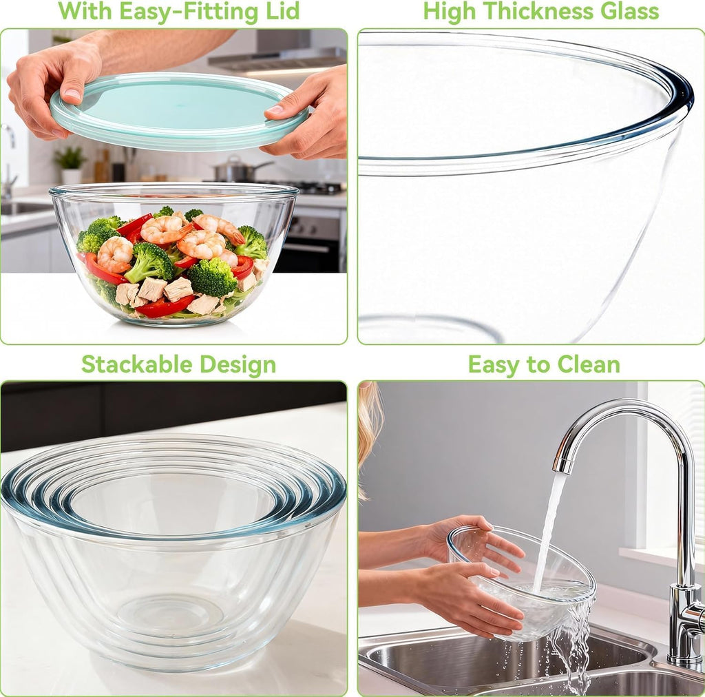 YUANYE 5 Pack Glass Mixing Bowls with Lids Set (5QT/2.5/1.5/0.9/0.6QT), Thick Glass Large Salad Bowl Set, Nesting Kitchen Bowls for Serving,Prepping,Cooking and Baking,Dishwasher,Oven,Microwave Safe