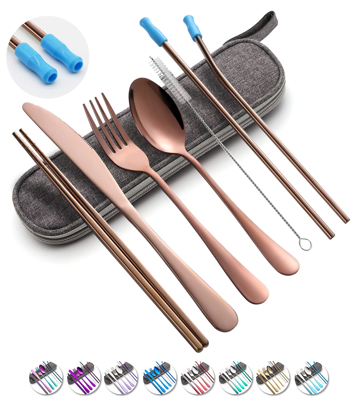 Travel Utensils Set with Case Reusable Portable Cutlery Set Stainless Steel 8pcs Including Dinner Knife Fork Spoon Chopsticks straws(Gradient Pink) | Dishwasher Including Dinner Knife Fork Spoon Chopsticks Straws Travel Fork Spoon Knife for Work, Camping