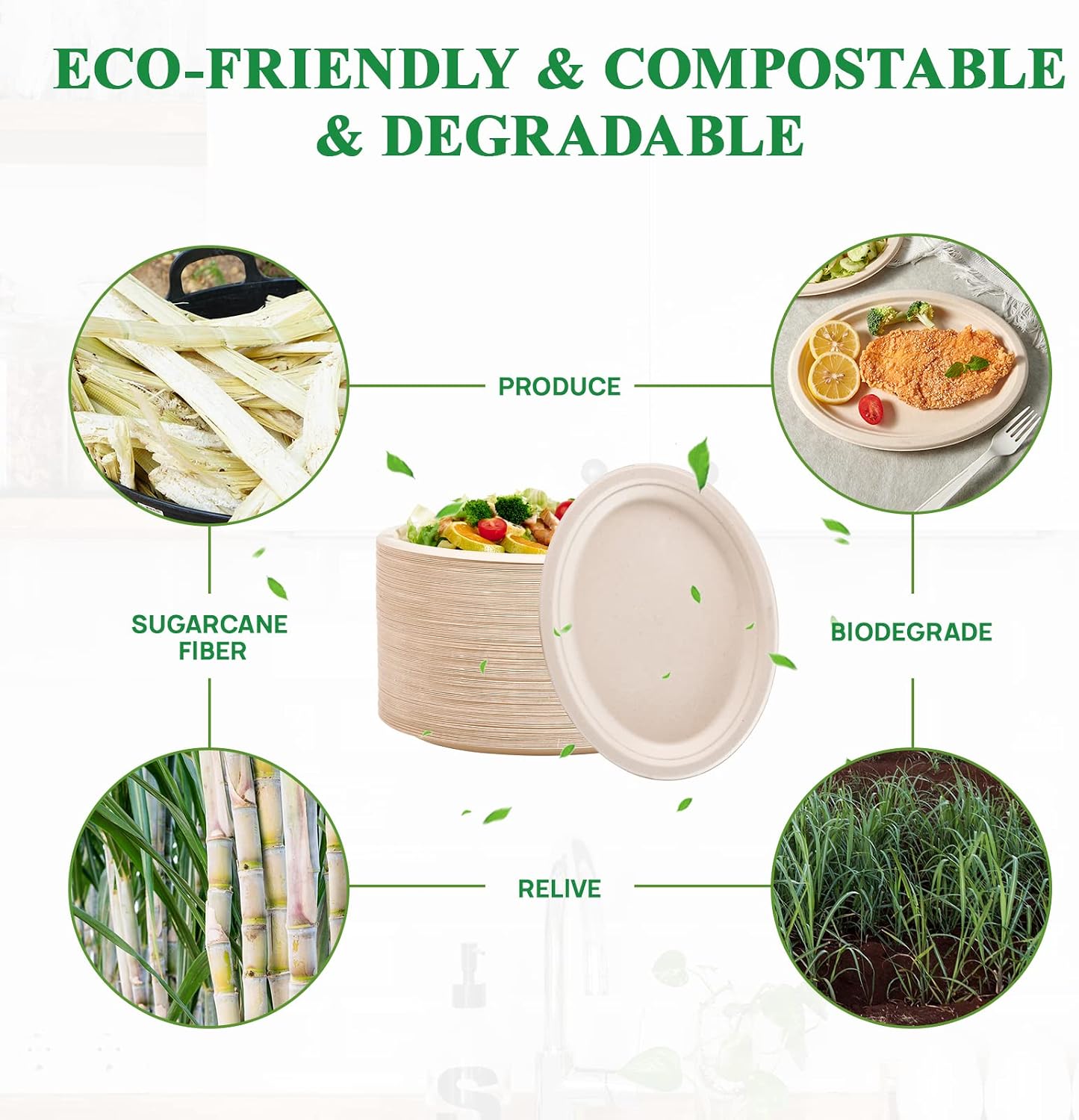 Vplus 100% Compostable Oval Paper Plates 12 inch 120 Pack, Nature | Super Strong, Disposable Paper Plates, Bagasse Natural Biodegradable, Sugarcane for BBQ, Party, Dinner, and Picnic