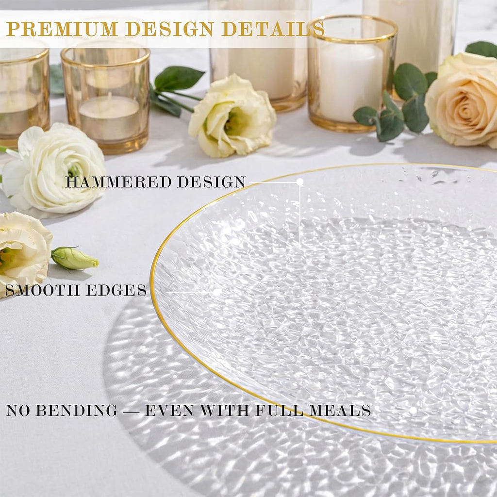 Rubtlamp 100 Pcs Gold Plastic Plates, 10 inch Clear Gold Dinner Plates, Hammer Pattern Design, Fancy Disposable Plate, Heavy Duty Party Plate Ideal for Party