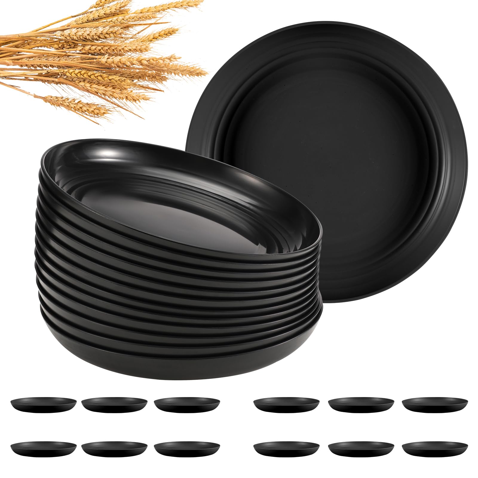 HEYCOME 12 Pcs Unbreakable Deep Dinner Plates Set, 10 inch Reusable Plastic Wheat Straw Plates, Microwave and Dishwasher Safe Plate for Kitchen, Lightweight Plate for Dessert, BPA Free, 6 Colors
