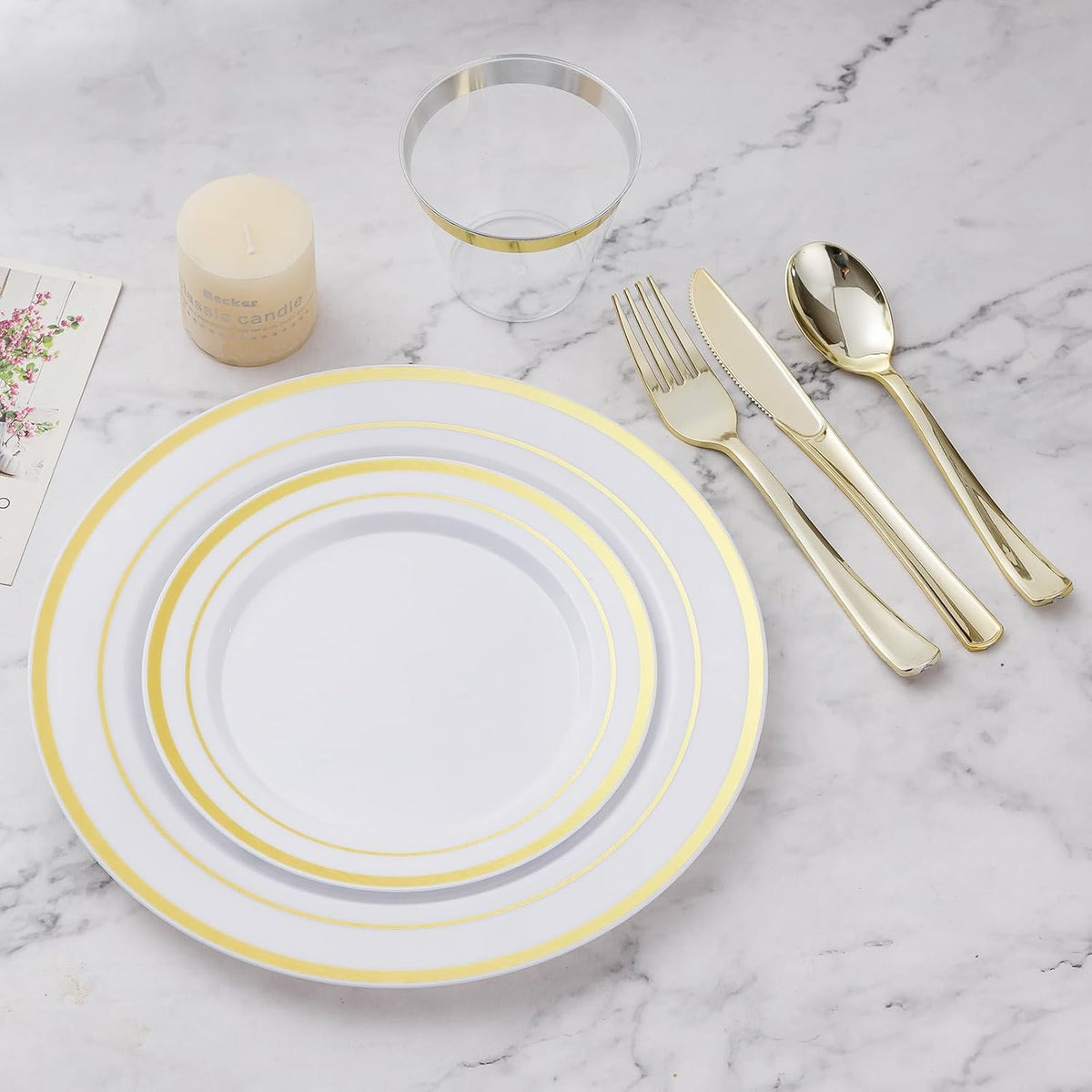 BESTVIP 600PCS Gold Dinnerware Set for 100 Guests, | for Party, 100 Gold Disposable Plates, 100 Dessert Plates, 100 Cups, 100 Spoons, 100 Forks and 100 Knives