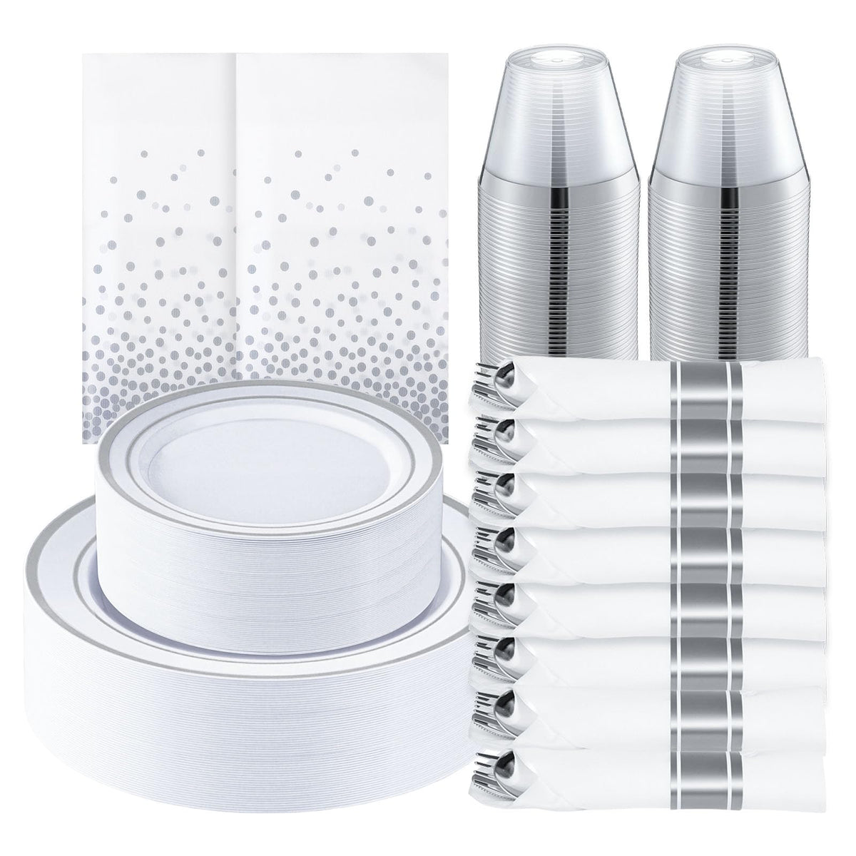 350 Piece Silver Plastic Dinnerware Set for 50 Guests | Disposable Dinnerware Includes: 50 Dinner Plates, 50 Dessert Plates, 50 Pre Rolled Napkins with Silver Silverware, 50 Cups