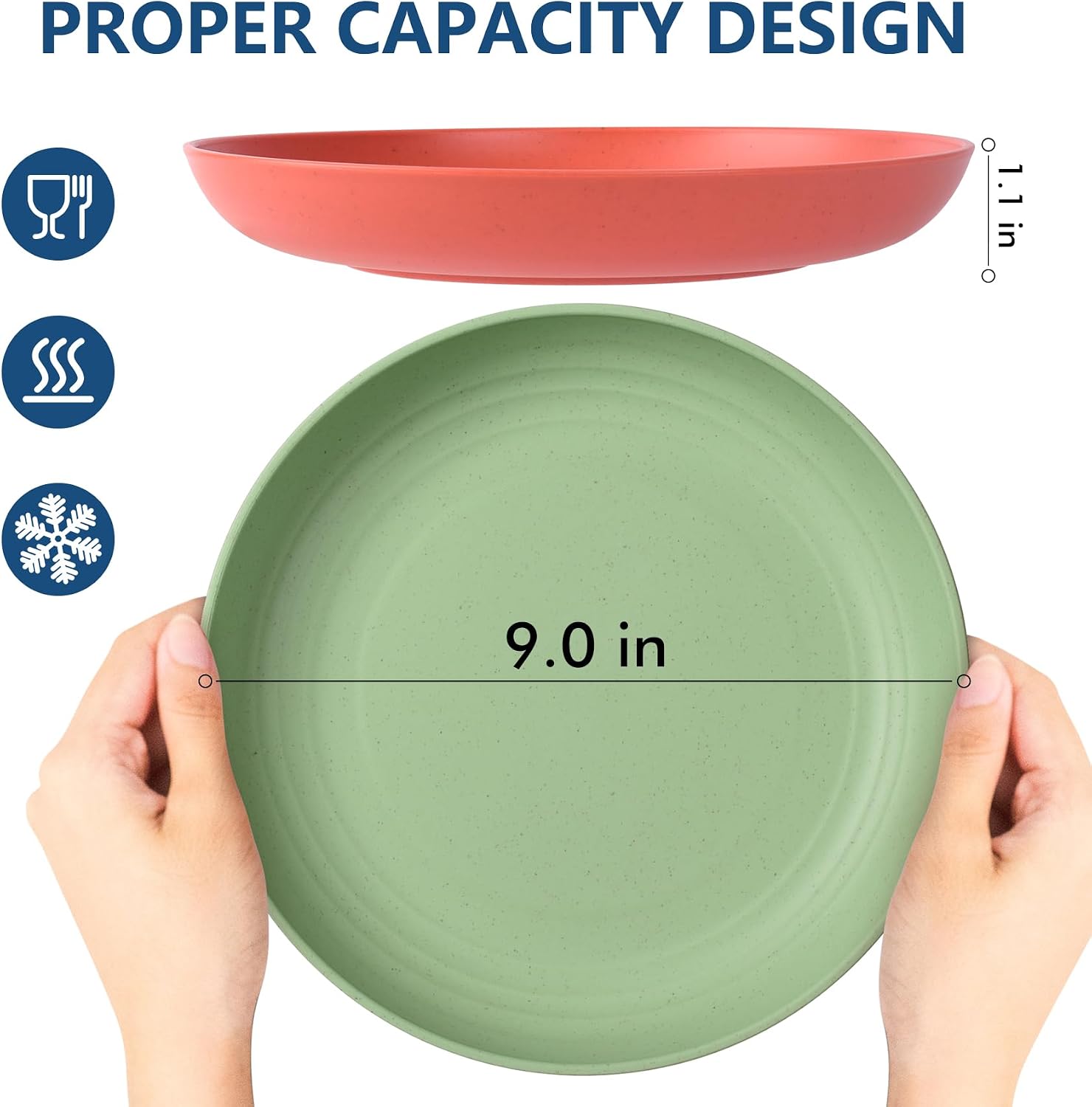 HOTEC 8-Pack 9inch BPA Free Unbreakable Deep Dinner Plates, Wheat Straw Plastic Plates Dishwasher Safe Kitchen Plates Dinnerware, Multicolor