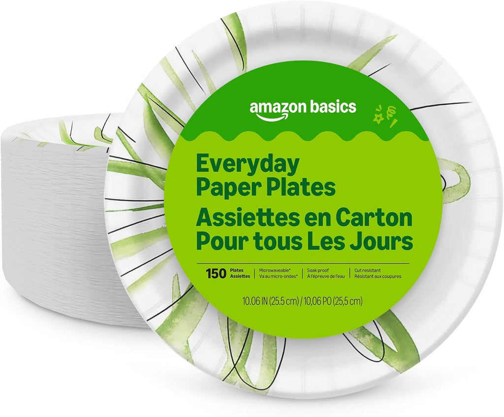 Amazon Basics Everyday Paper Plates, 10 Inch, Disposable, 150 Count, Packaging May Vary