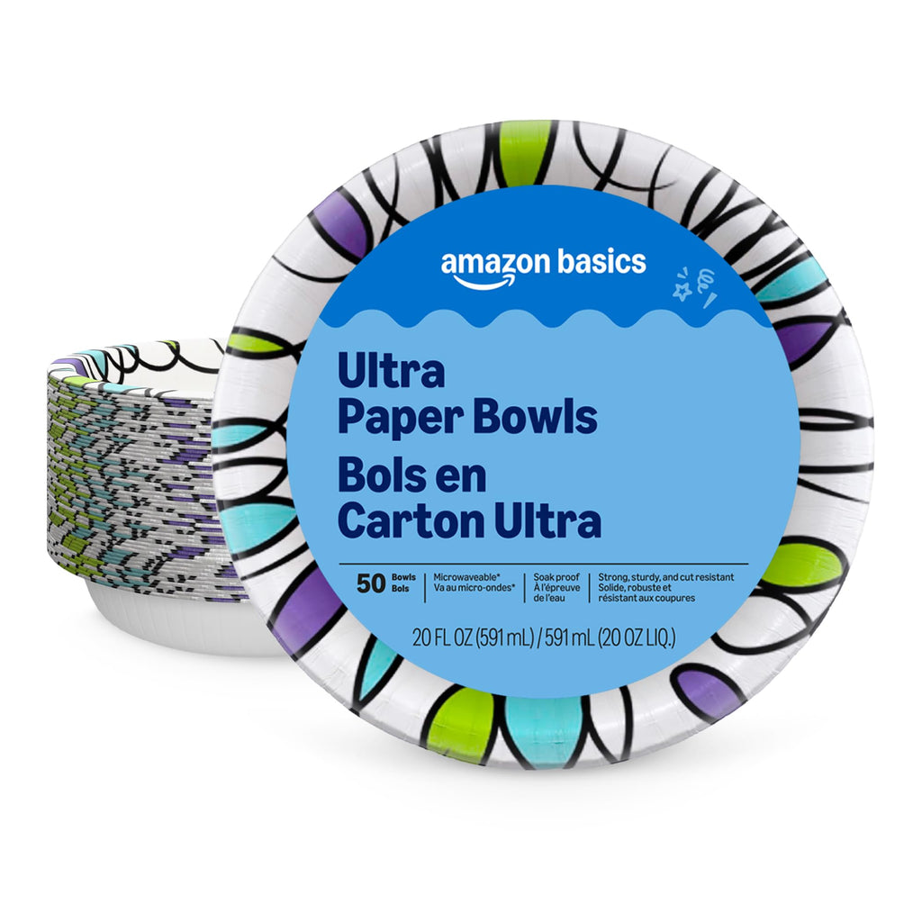 Amazon Basics Ultra Disposable Paper Bowls, 20 Oz, Microwave Safe, Soak Proof, Strong & Sturdy, White, 50 Count, Packaging May Vary