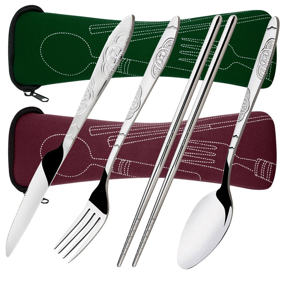 SENHAI 8 Pieces Flatware Sets Knife, Fork, Spoon, Chopsticks, 2 Pack Rustproof Stainless Steel Tableware Dinnerware with Carrying Case for Traveling Camping Picnic Working Hiking