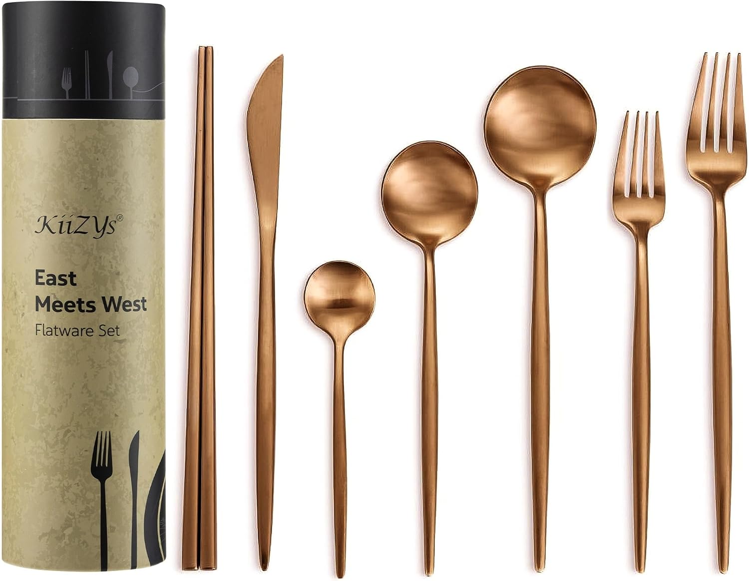 Matte Copper Silverware Set Reusable Chopsticks - KiiZYs 14-piece Stainless Steel Utensils Set Kitchen Accessories - Modern Flatware Spoon Fork Knife - Cutlery Set Gift Box (Matte Copper, 2 Sets)