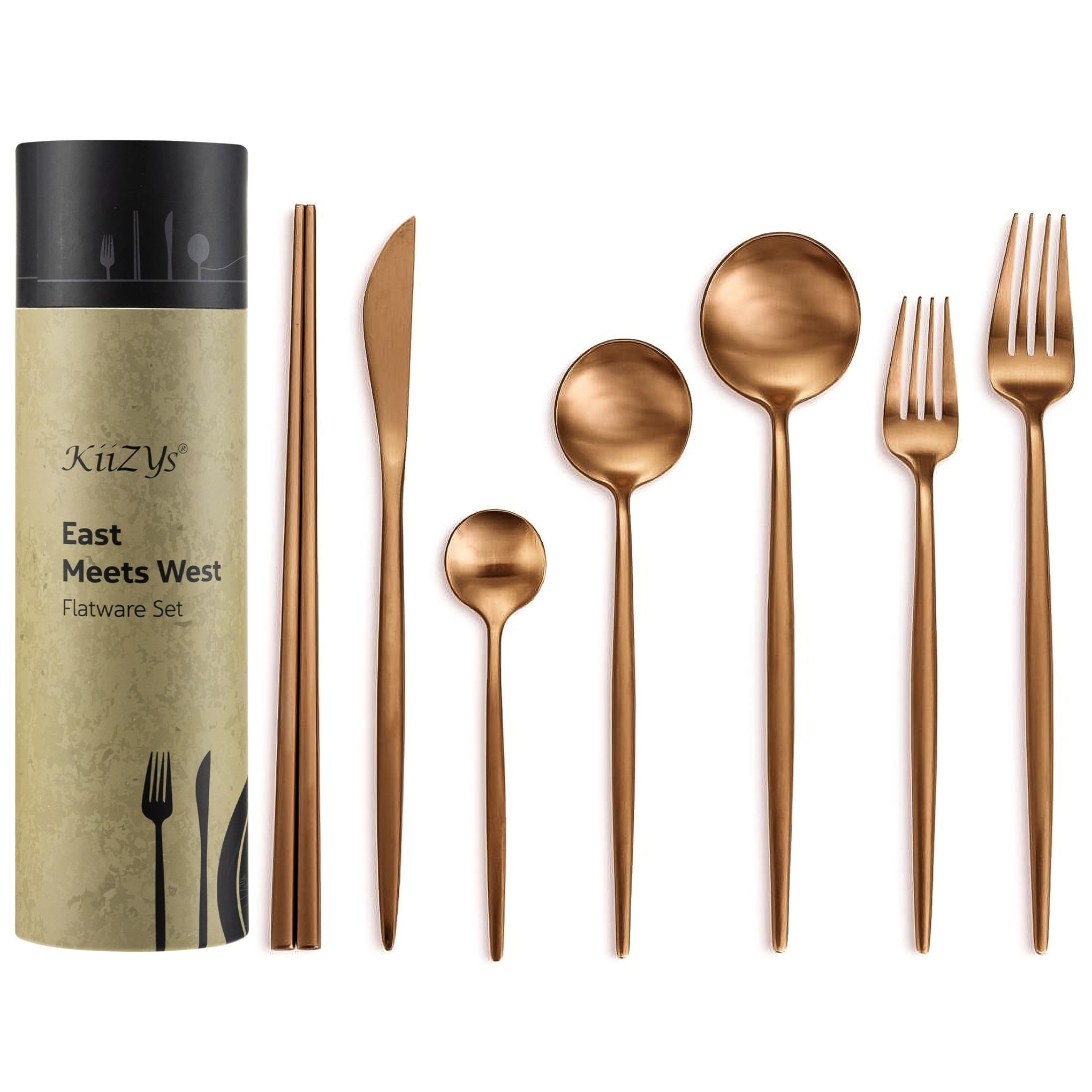 KiiZYs Matte Black Flatware Set - 14-piece Modern Silverware Set Stainless Steel Utensils - Metal Chopsticks Kitchen Cutlery Fork Spoon Knife - Dishwasher Safe House Warming Gift Box (Black, 2 Sets)