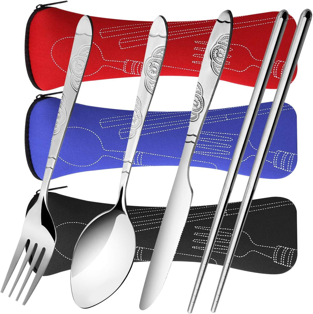 Arroyner 3 Pack Reusable Flatware Sets Knife, Fork, Spoon, Chopsticks, 12Pcs Portable Travel Stainless Steel Tableware Dinnerware with Carrying Case