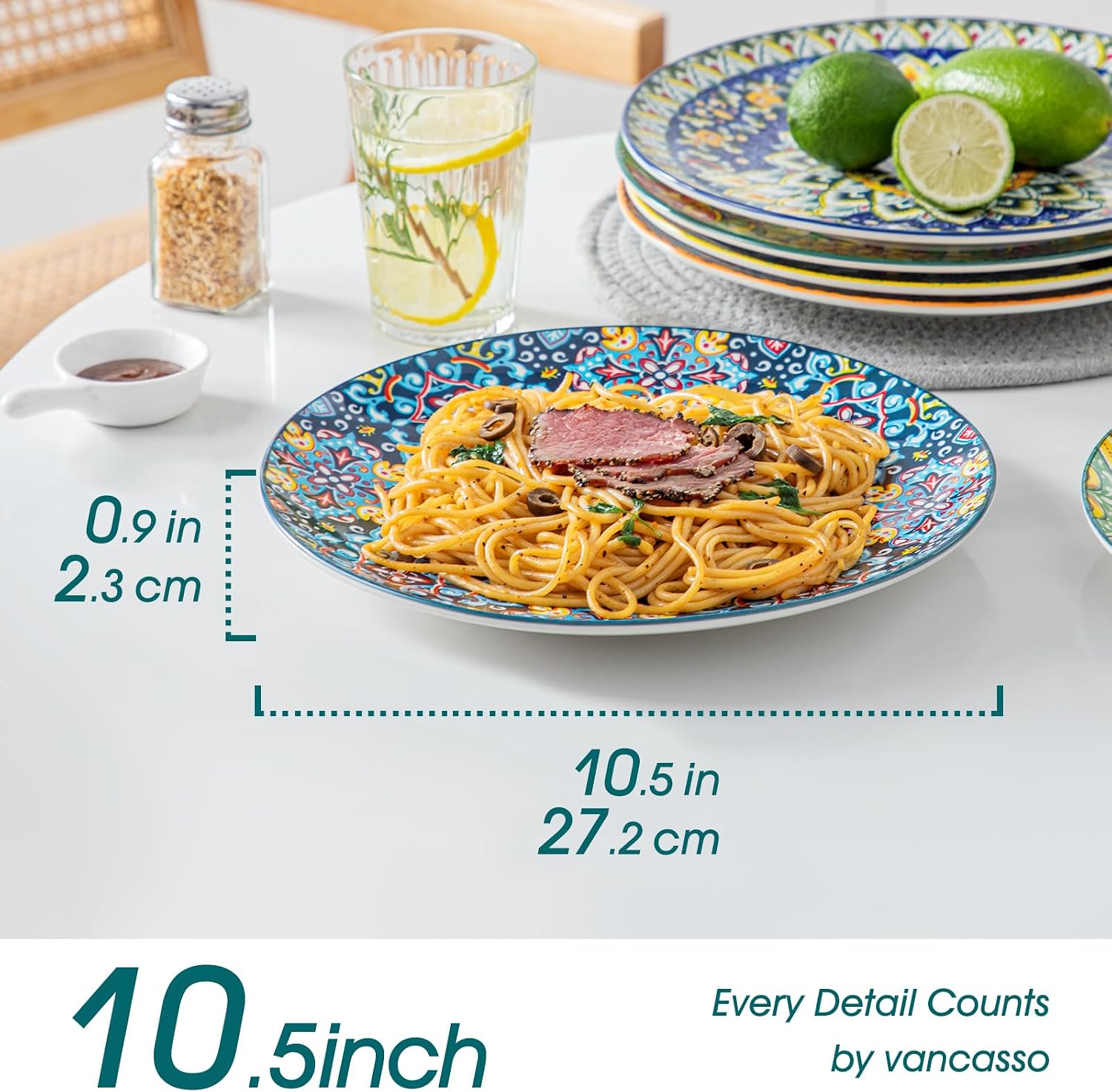 vancasso Ceramic Dinner Plates Set of 6, 10.5 Inch, Microwave Safe | Salad Plates Set, Colorful Bohemian Style Dishes for Kitchen