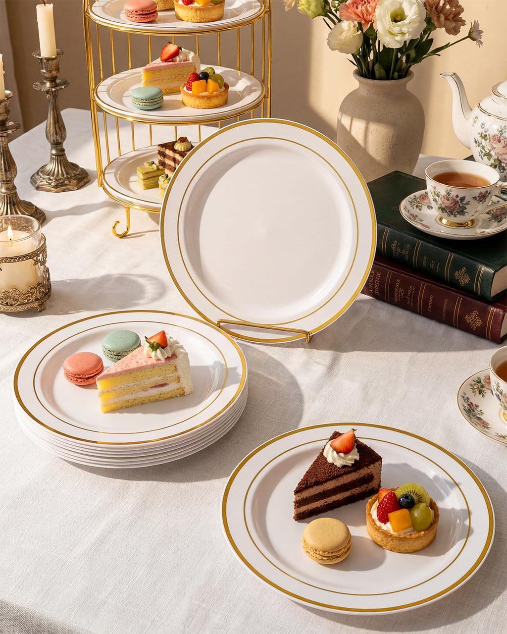 bUCLA 100Pieces Gold Plastic Dinner Plates - 10.25inch White and Gold Plates Disposable for Party - Ideal for Wedding, Party & Daily Use