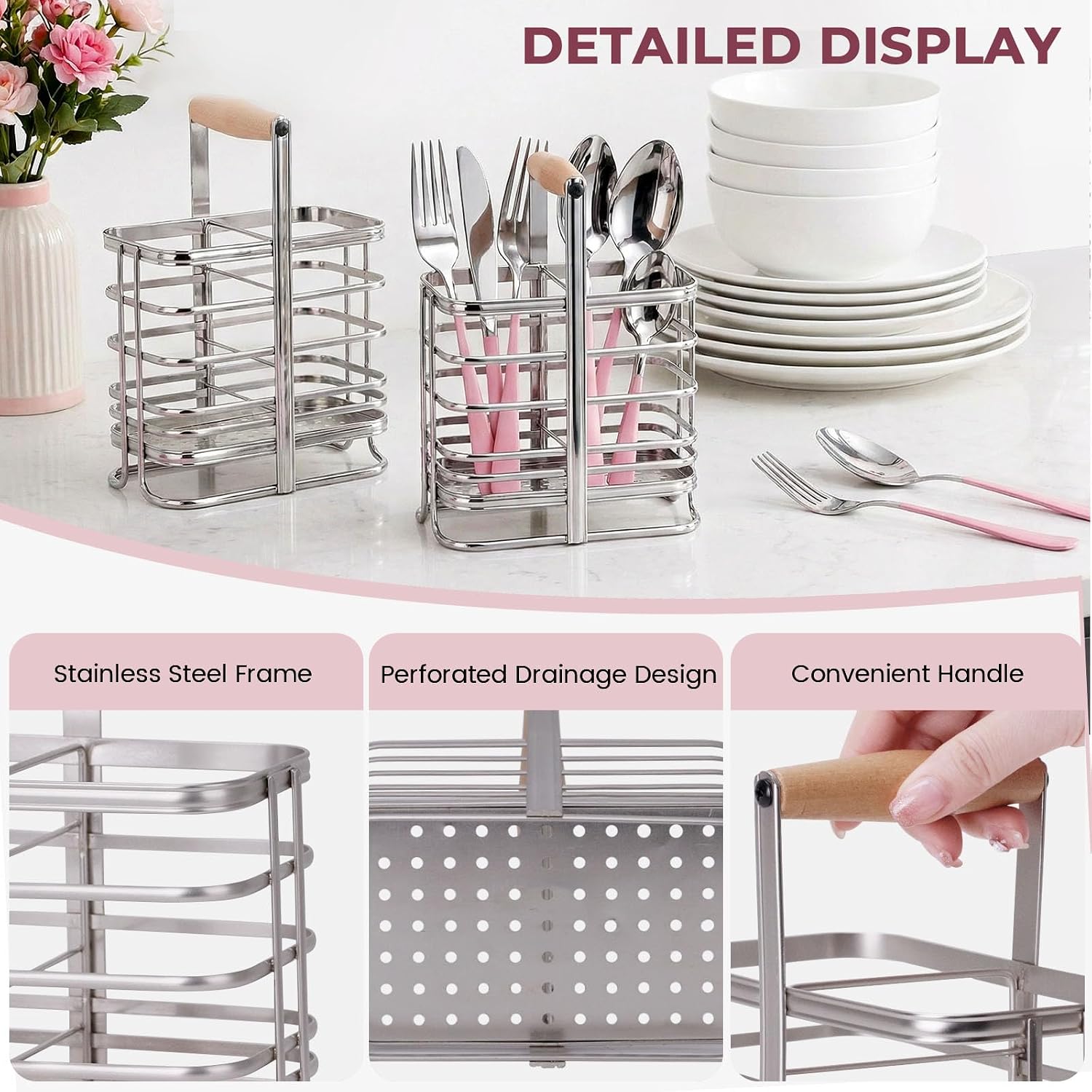 30 Pieces Silverware Set with Stainless Steel Utensil Drying Rack, Service for 6, Cutlery Set with Stand for Kitchen Counter, Tableware Set Includes Knives Forks Spoons Teaspoons Butter Knives (Pink)