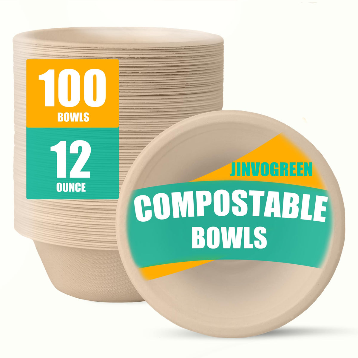 JINVOGREEN 500 Count 12 oz Paper Bowls, Compostable Bowls Bulk, White | Heavy Duty Disposable Bowls, Sugarcane Bagasse Bowls Bulk for Cereal, Snacks, Soup, Salads, Eco-Friendly, Microwave Safe