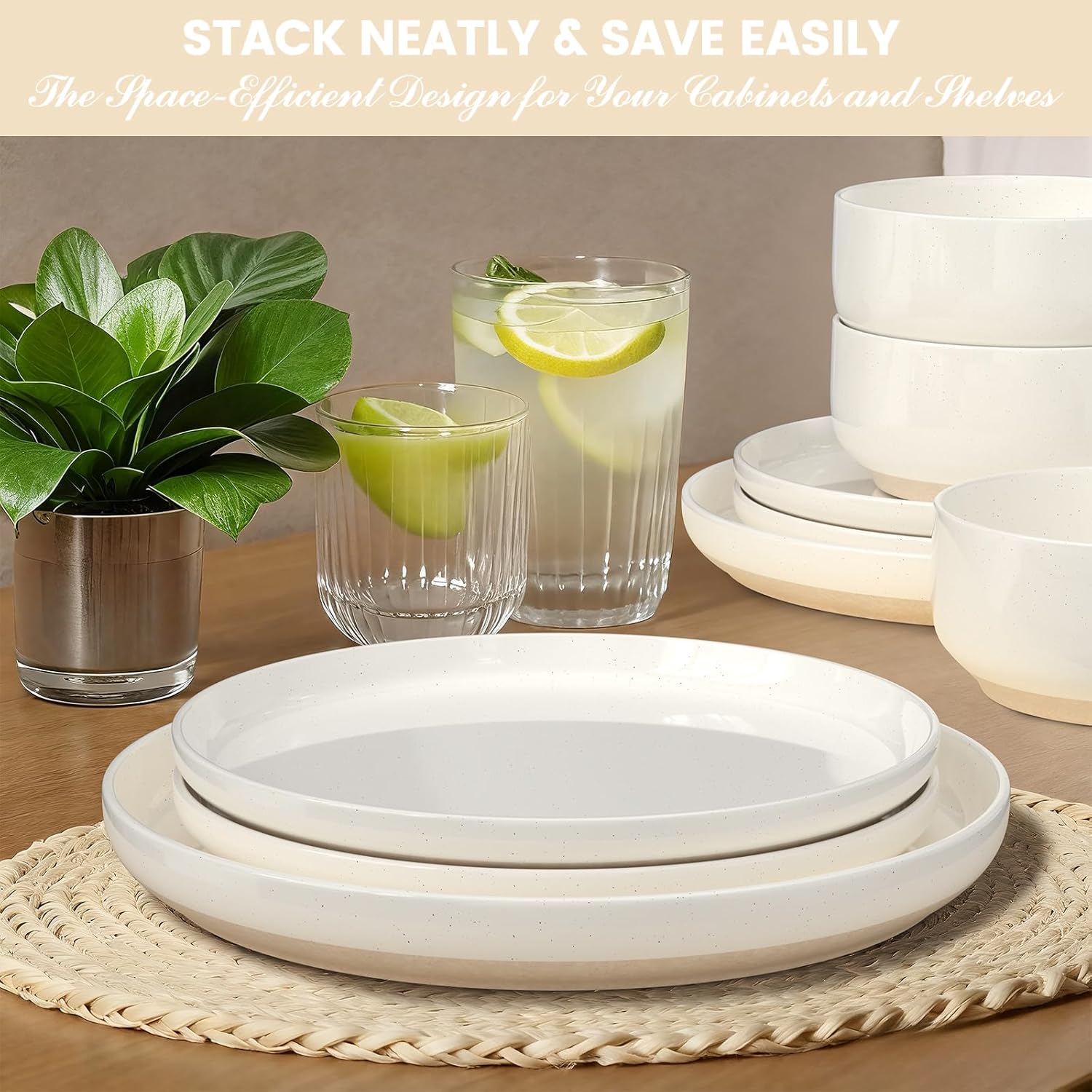 Plates and Bowls Sets, Dinnerware Sets for 4, 12 Pieces Scratch Resistant Dishware Dishes Set, Ceramic Kitchen Dinner Set, Porcelain & Microwave and Dishwasher Safe, Cream White