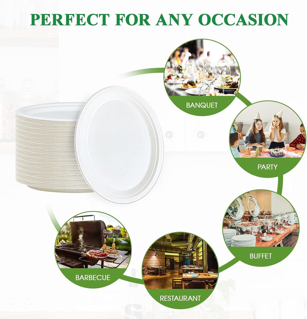 Vplus 100% Compostable Oval Paper Plates 12 inch 125 Pack, White | Super Strong, Disposable Paper Plates, Bagasse Natural Biodegradable, Sugarcane for BBQ, Party, Dinner, and Picnic