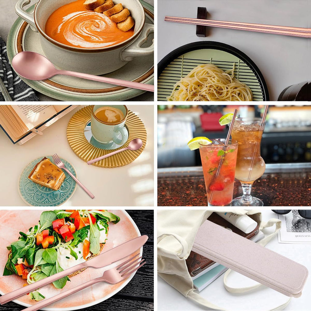 AARainbow 8 Pieces Stainless Steel Flatware Set Portable Reusable Cutlery Set Travel Utensils Set Including Chopsticks Knife Fork Spoon Straws Cleaning Brush Dishwasher Safe (B-Rose Golden)