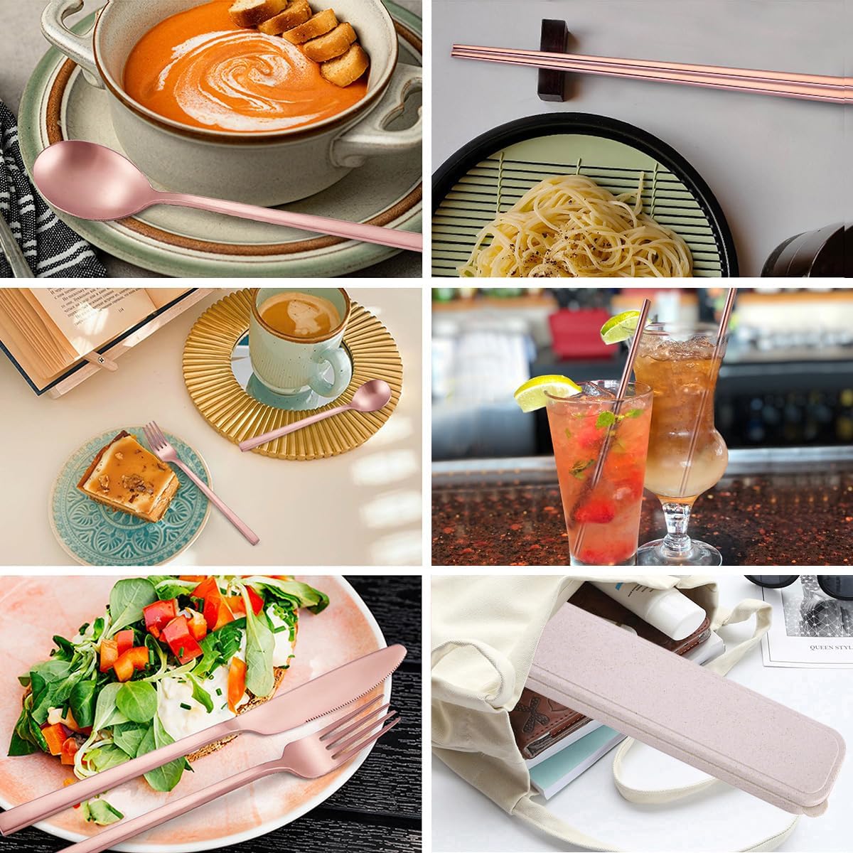 AARainbow 8 Pieces Stainless Steel Flatware Set Portable Reusable Cutlery Set Travel Utensils Set Including Chopsticks Knife Fork Spoon Straws Cleaning Brush Dishwasher Safe (B-Rose Golden)