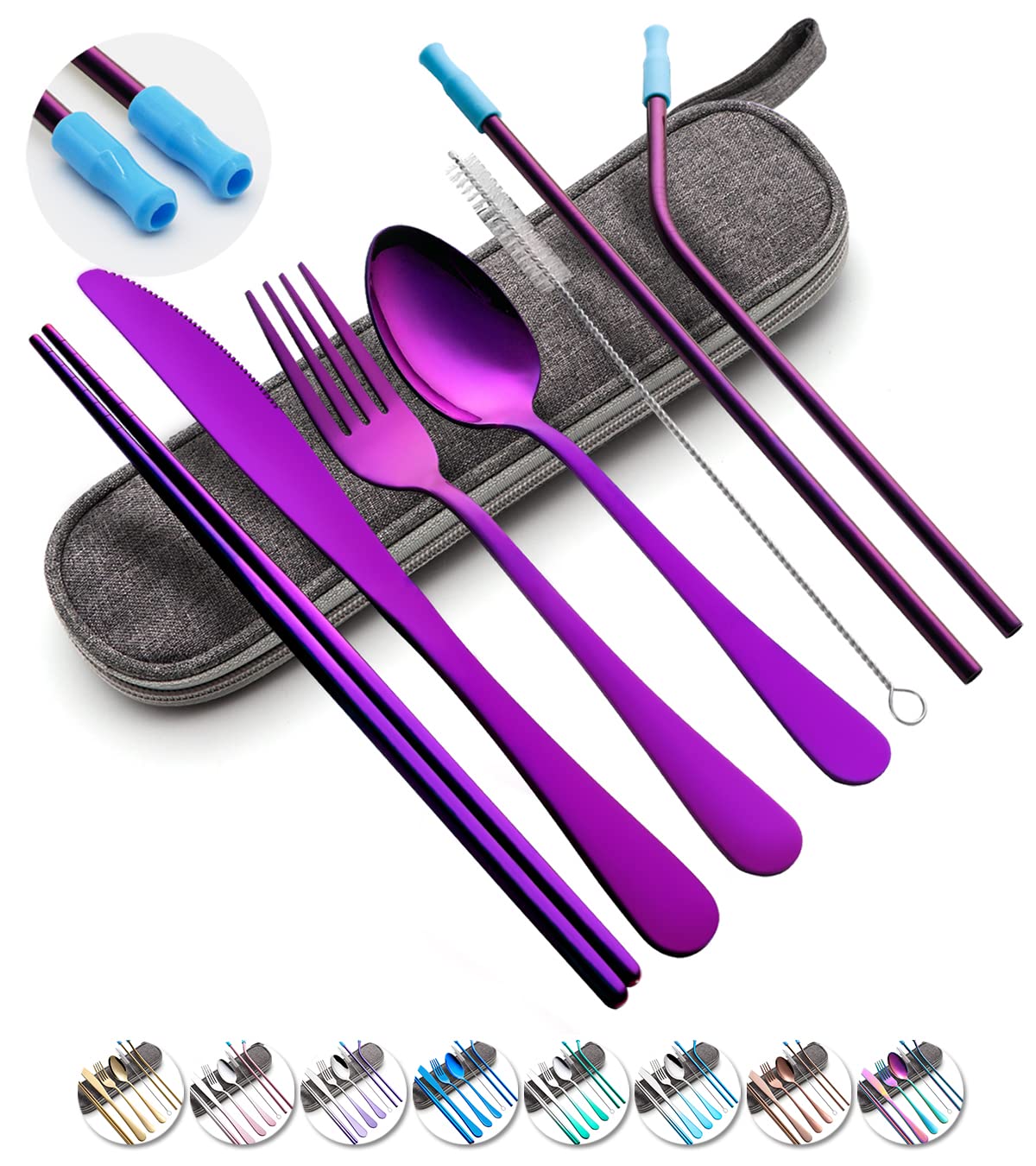 Travel Utensils Set with Case Reusable Portable Cutlery Set Stainless Steel 8pcs Including Dinner Knife Fork Spoon Chopsticks straws(Gradient Pink) | Dishwasher Including Dinner Knife Fork Spoon Chopsticks Straws Travel Fork Spoon Knife for Work, Camping