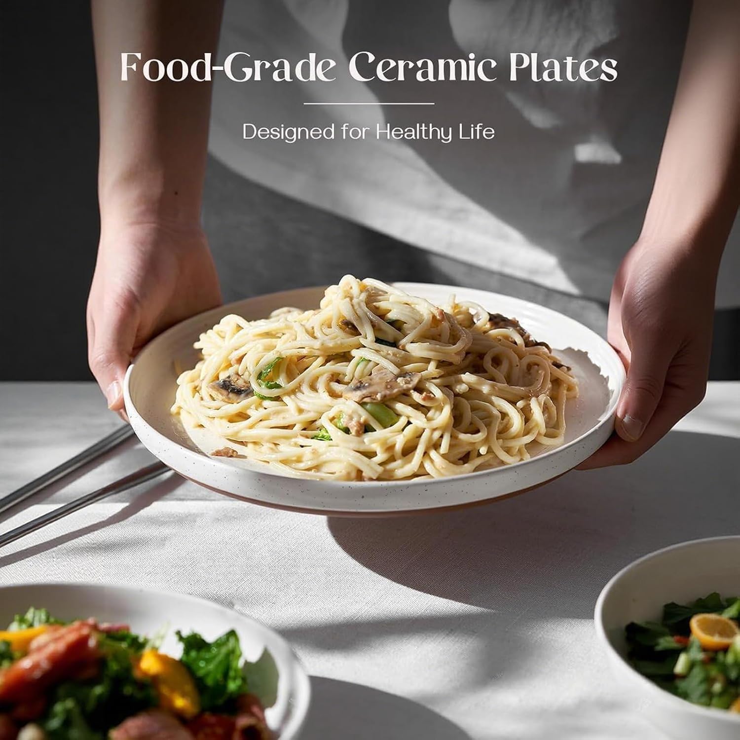 DOWAN 10.5" Large Dinner Plates Set of 6, High Edge Ceramic Plate - Microwave, Oven & Dishwasher Safe, Durable, Modern Dinnerware - Kitchen Porcelain Dish - Khaki White