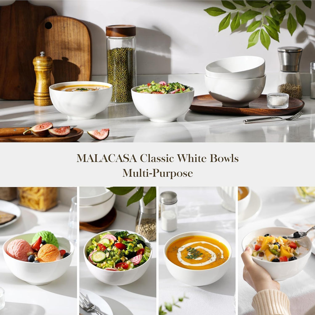 MALACASA 26 Oz White Ceramic Soup Bowls of 4, Cereal Bowls for Kitchen | Perfect for soup, cereal, dinner, noodles,ramen or fruit; scratch-resistant, stackable, microwave, oven & dishwasher safe