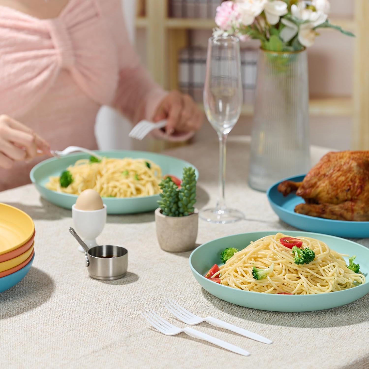 Luckore 10 Inch Wheat Straw Plates Deep Dinner Plates Set of 8 Unbreakable | Dinner Plates Dishes Alternative for Plastic Microwave and Dishwasher Safe for Kitchen with 4 Colors Classic Bright