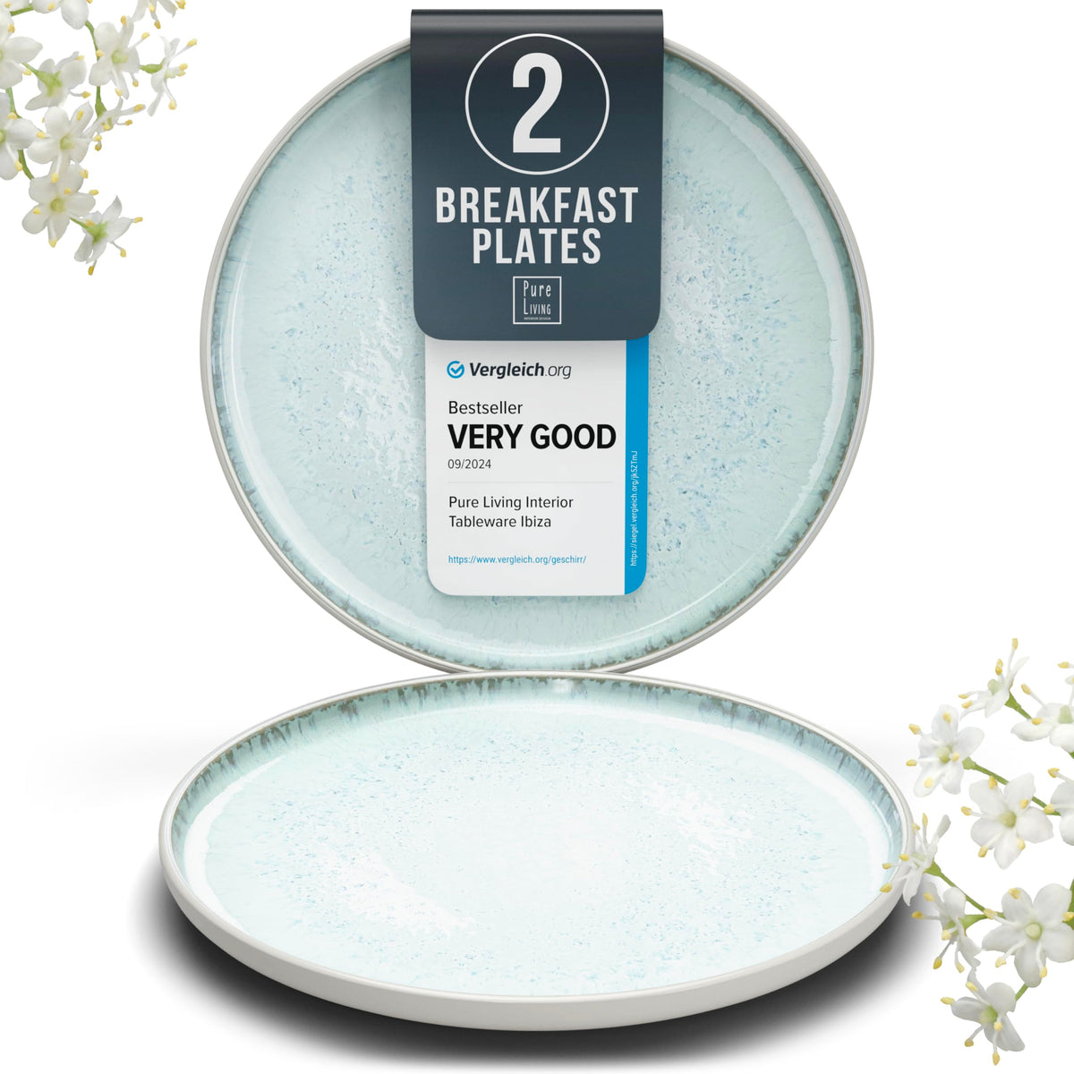 Stoneware dinner plates set 2 pcs – Light beige & blue stylish plates – Dishwasher, microwave and scratch resistant – Small salad & cake plates – Dinner service Pure Living
