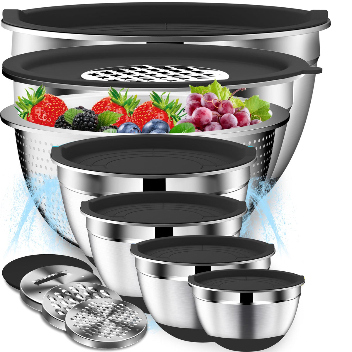 DUTZUN Mixing Bowls with Lids Set, Stainless Steel Mixing Bowls with Colander, Strainer with Mixing Bowl Set, Serving Bowl Kitchen Gift, Size 4.5, 2.5, 2, 1.5QT - Black