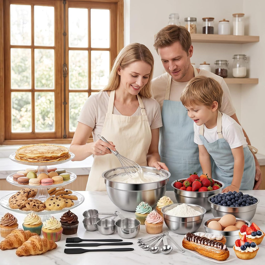 WEPSEN Mixing Bowls Set, 25PCS Stainless Steel Mixing Bowl with Lid Set, Large Nesting Bowls 7, 4.5, 3,2, 1.5QT, Measuring Cups and Spoons Baking Utensils Metal Bowl for Kitchen Prep