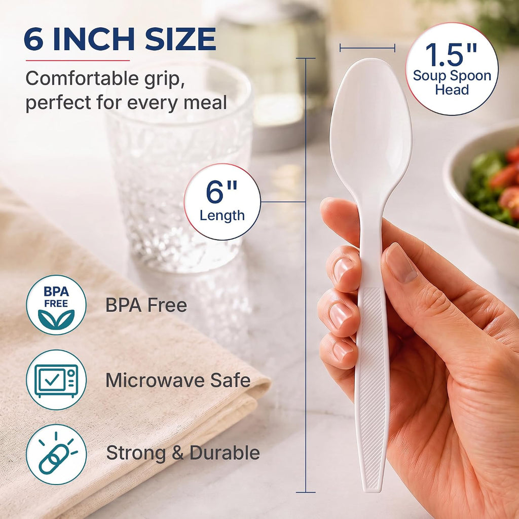 BluShine Heavy Duty Plastic Soup Spoons, Disposable Bulk Utensils | 400 Count Heavy Duty White Plastic Spoons, Strong Silverware Feel, BPA Free, Reusable, Dishwasher Safe, Catering Ready