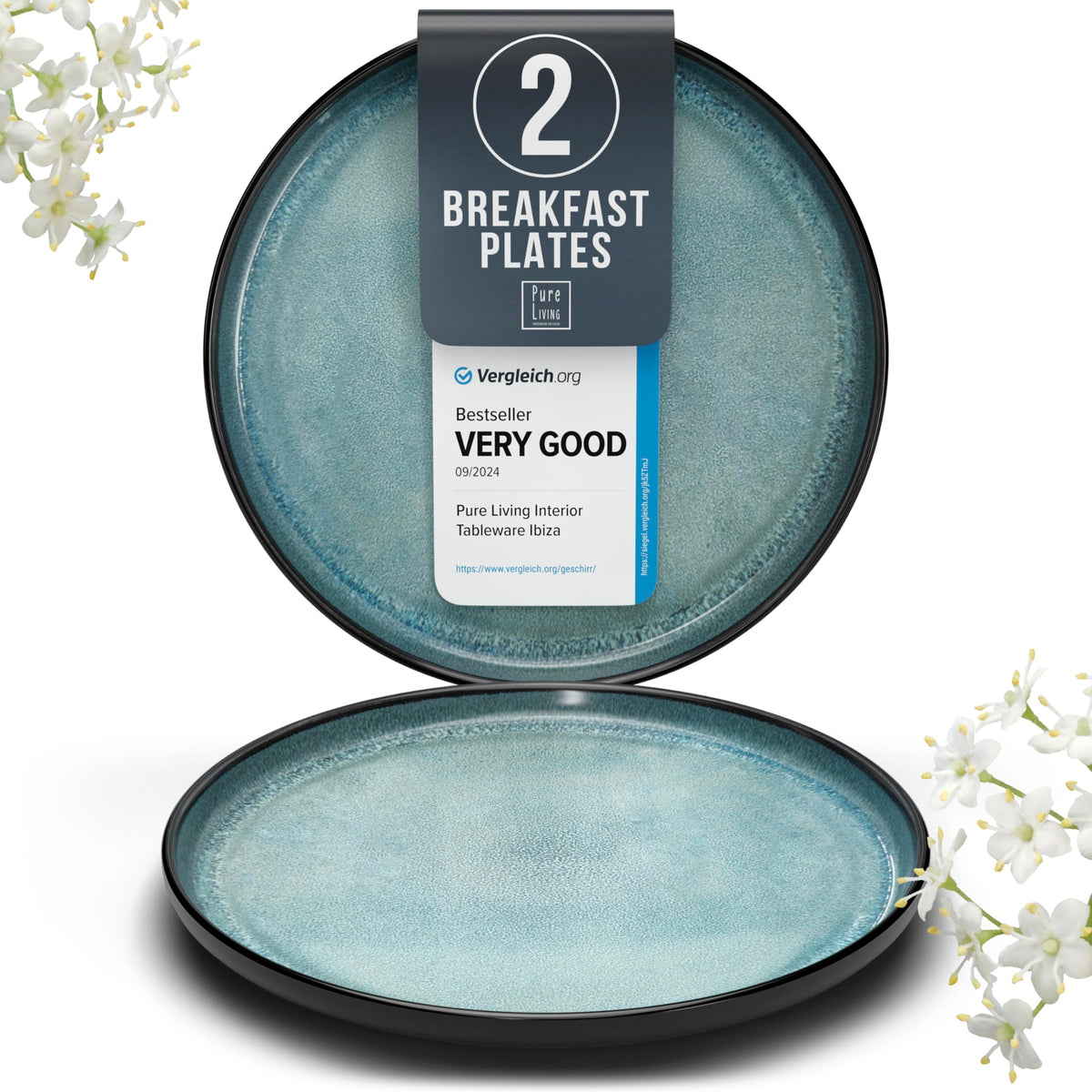 Stoneware dinner plates set 2 pcs – Light beige & blue stylish plates – Dishwasher, microwave and scratch resistant – Small salad & cake plates – Dinner service Pure Living