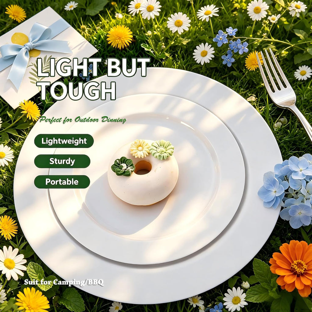 FLOWERCAT 60PCS White Plastic Plates - Heavy Duty White Disposable Plates for Outdoor/Birthday Party/Wedding -serve for 30 guests Include 30PCS 10.25" & 30PCS 7.5" Plates for Summer Party
