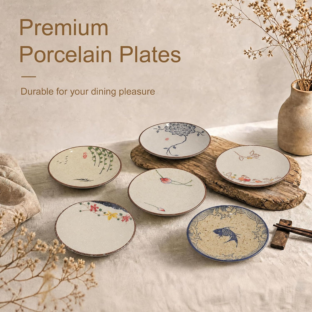 6 Inch Japanese Retro Dinner Plates Set of 6 | Ceramic Hand-painted Serving Bowsl Set for Serve Dishes, Pasta, Salads, Snacks, Sushi, Dishwasher Microwave Safe