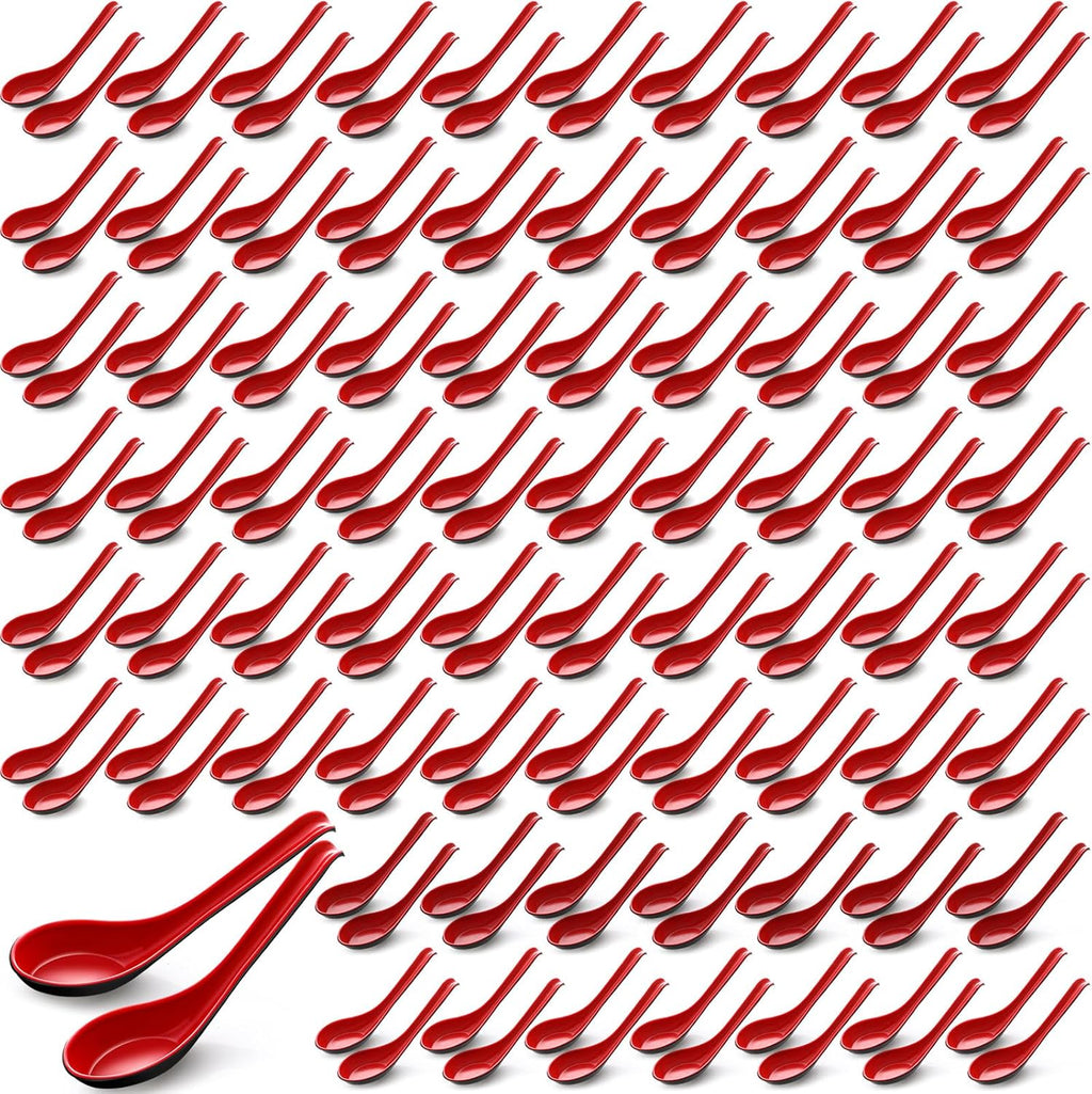 Hushee 200 Pieces Asian Soup Bulk Spoons 6.3 Inch Chinese Japanese Korean Style Serving Wonton Soba Rice Spoon with Hook for Pho Ramen Noodle Dumpling Dinner, Black and Red