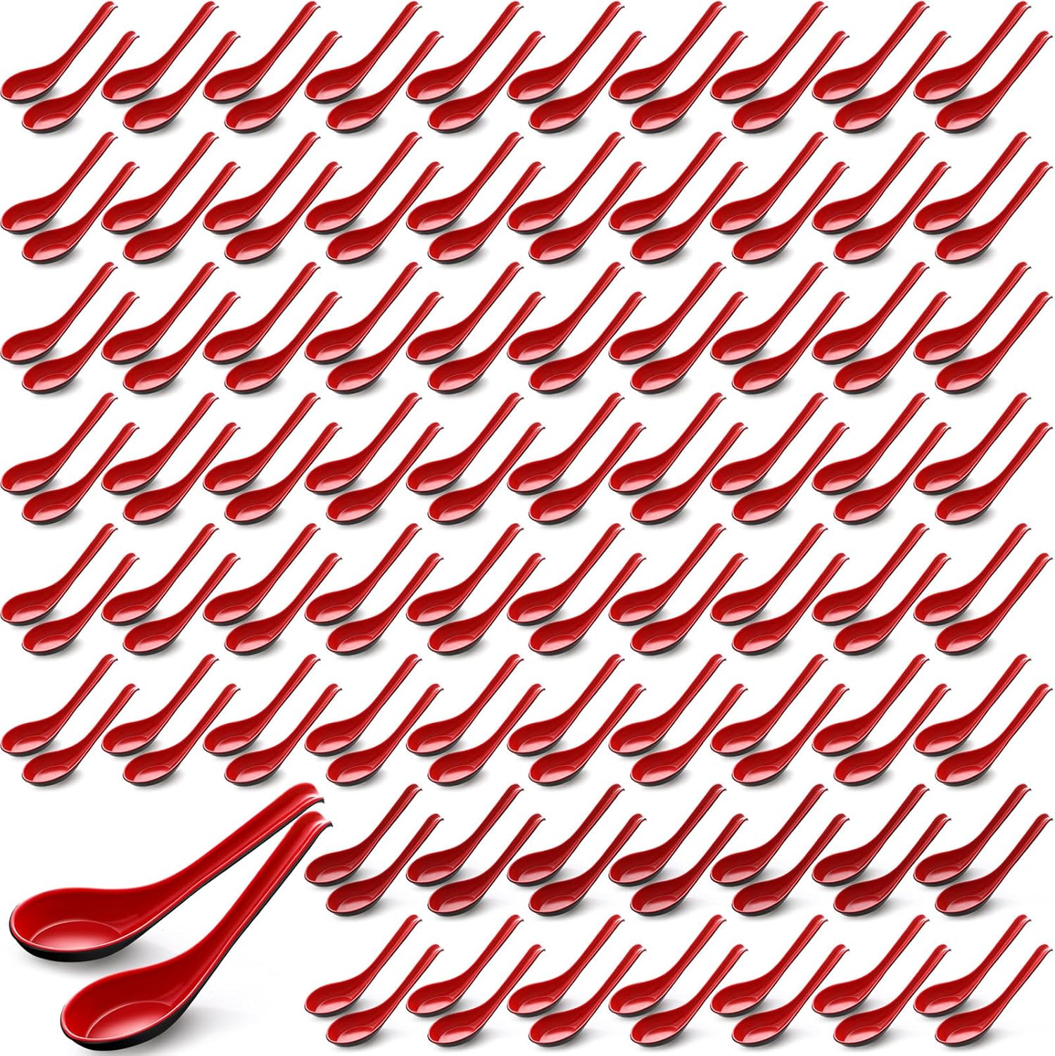 Hushee 200 Pieces Asian Soup Bulk Spoons 6.3 Inch Chinese Japanese Korean Style Serving Wonton Soba Rice Spoon with Hook for Pho Ramen Noodle Dumpling Dinner, Black and Red
