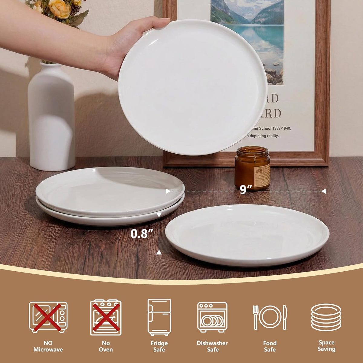 ONEderful Off-White Dinner Plates Set of 4-9 Inch Melamine Modern Flat Plates, Durable & Lightweight - Indoor & Outdoor Use, Perfect for Everyday Meals, BBQs, Weddings, Dishwasher Safe